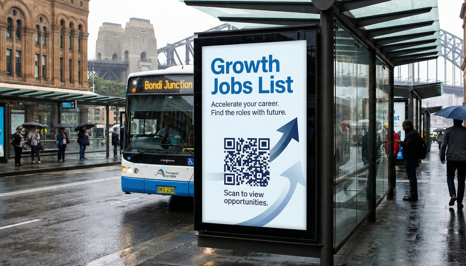 Bus Station Ad - Accelerate your career with future-focused roles on Growth Jobs List